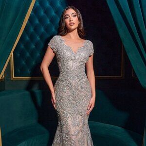 New Embroidered Mermaid Maxi Tulle Gown w/ Illusion Round Neckline CD CC0915
